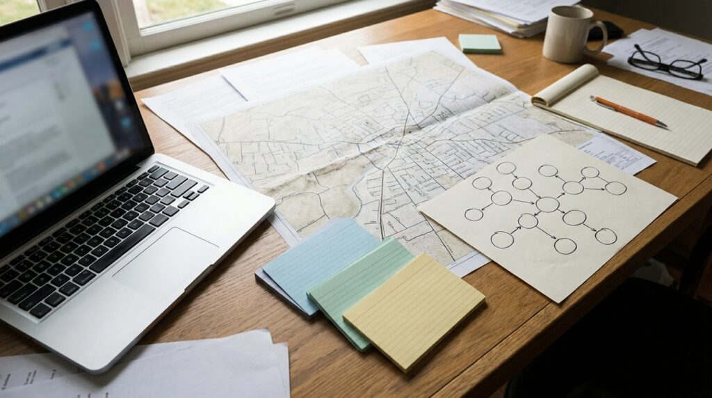 SEO strategy workspace with blank planning cards, map detail, laptop, and search visibility planning materials.