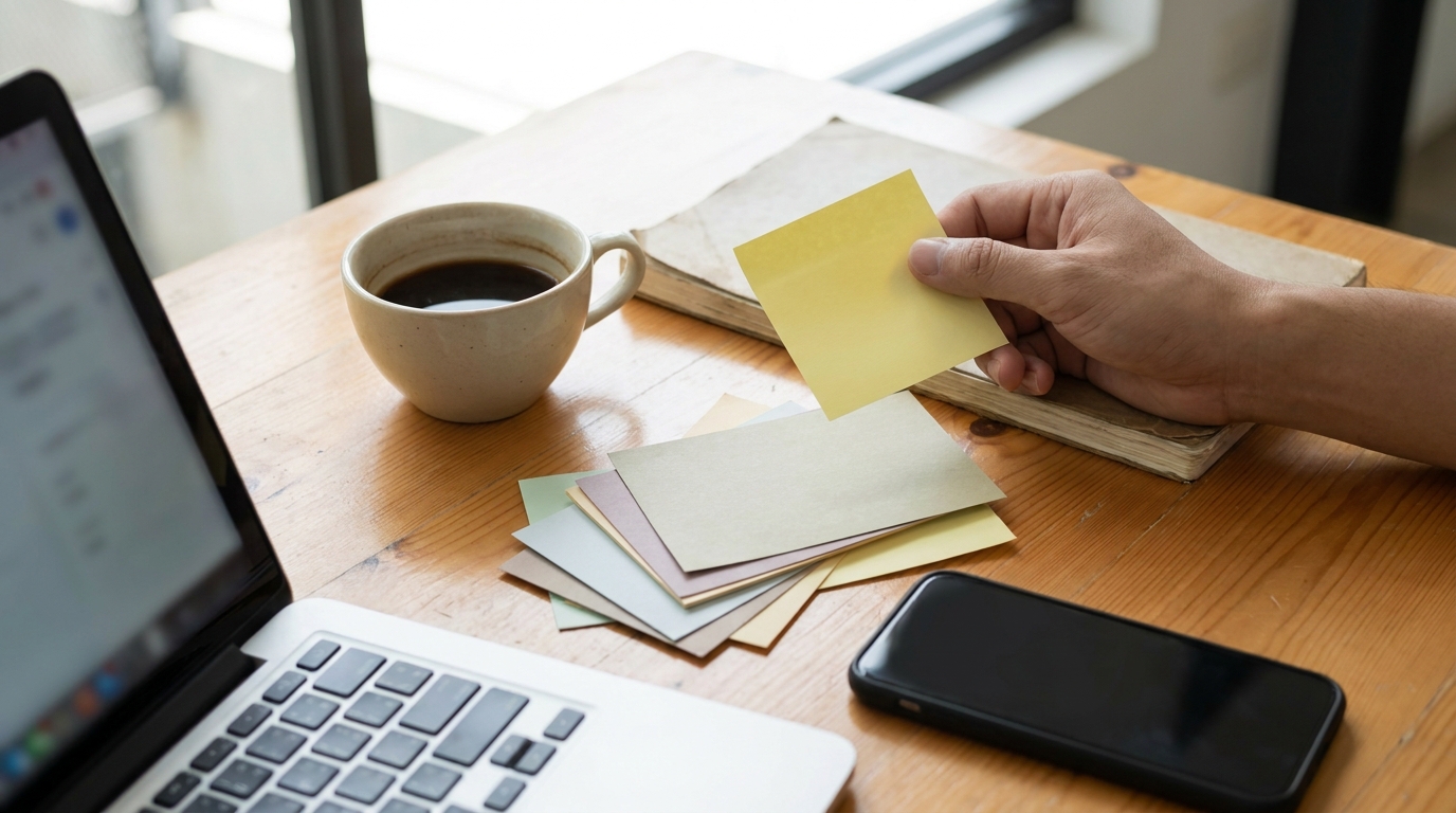 Marketing planning desk with blank sticky notes, cards, and workspace tools for organizing search strategy.