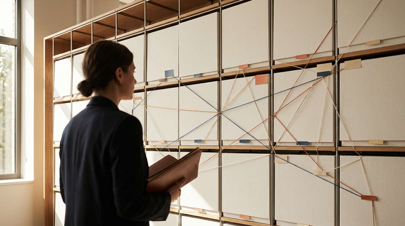 Abstract information archive wall with connected blank panels representing structured source material for AI search visibility.