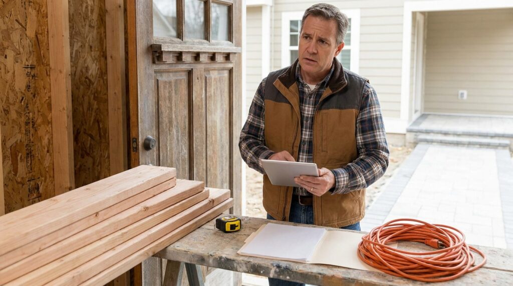 Contractor reviewing lead and estimate information on a tablet at a residential jobsite with tools and materials nearby.