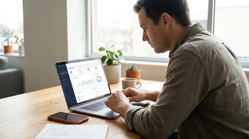 Local business owner reviewing missed calls, form leads, follow-up tasks, and review requests in a connected lead management dashboard.