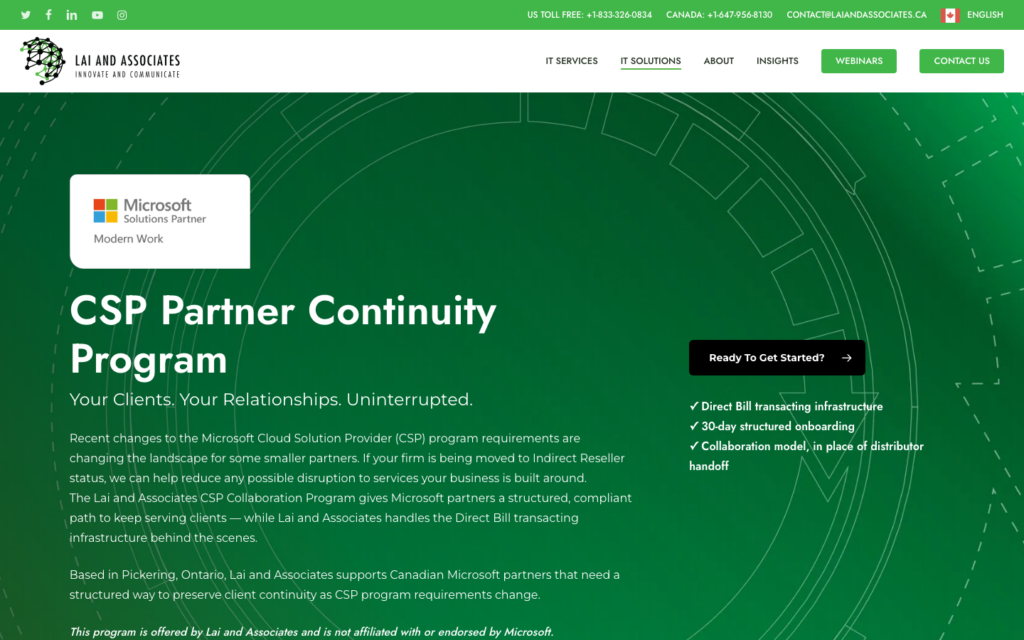 Lai and Associates Microsoft CSP Partner Continuity Program landing page