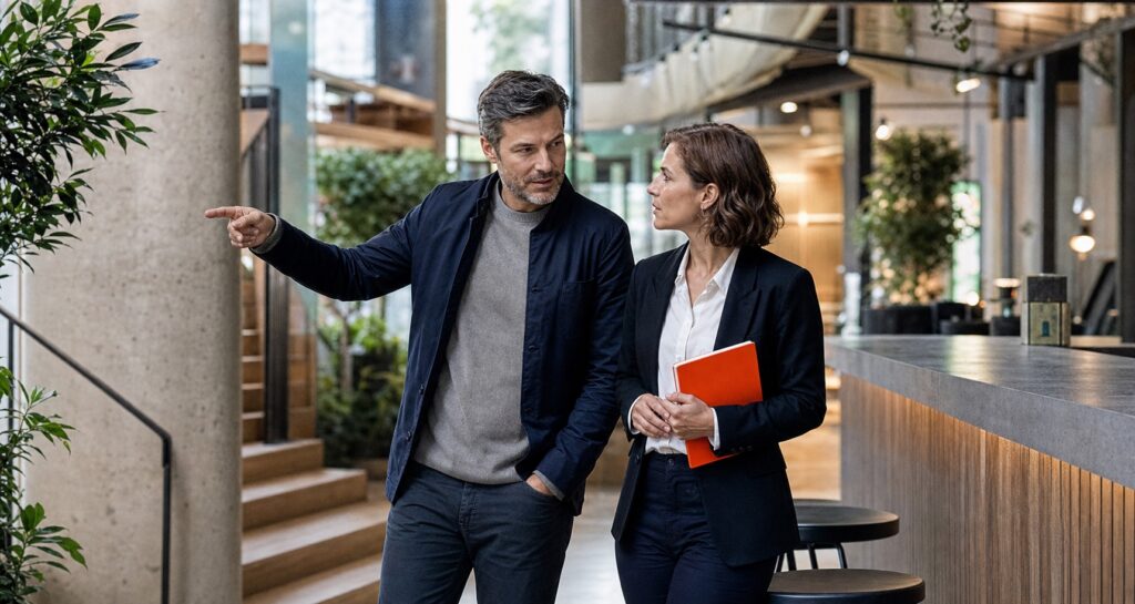 Business owner and marketing strategist reviewing a completed commercial project for a case study.