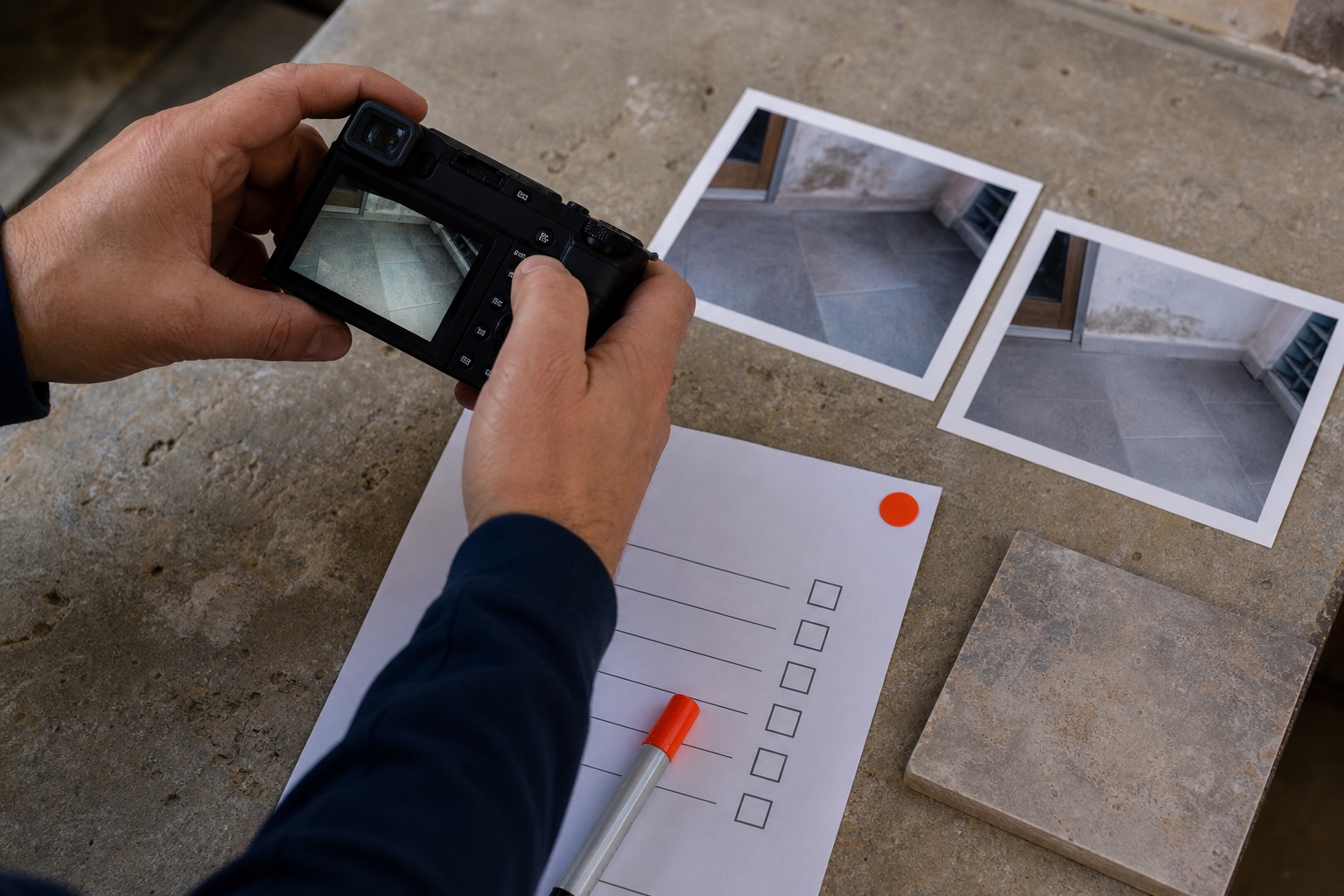 Close-up of a project evidence checklist, camera, material sample, and before-and-after photographs.