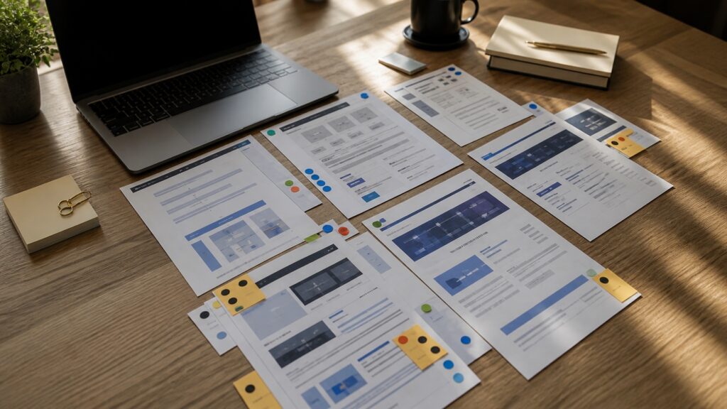 Printed service pages, proof, and source evidence laid out for an AI visibility review.