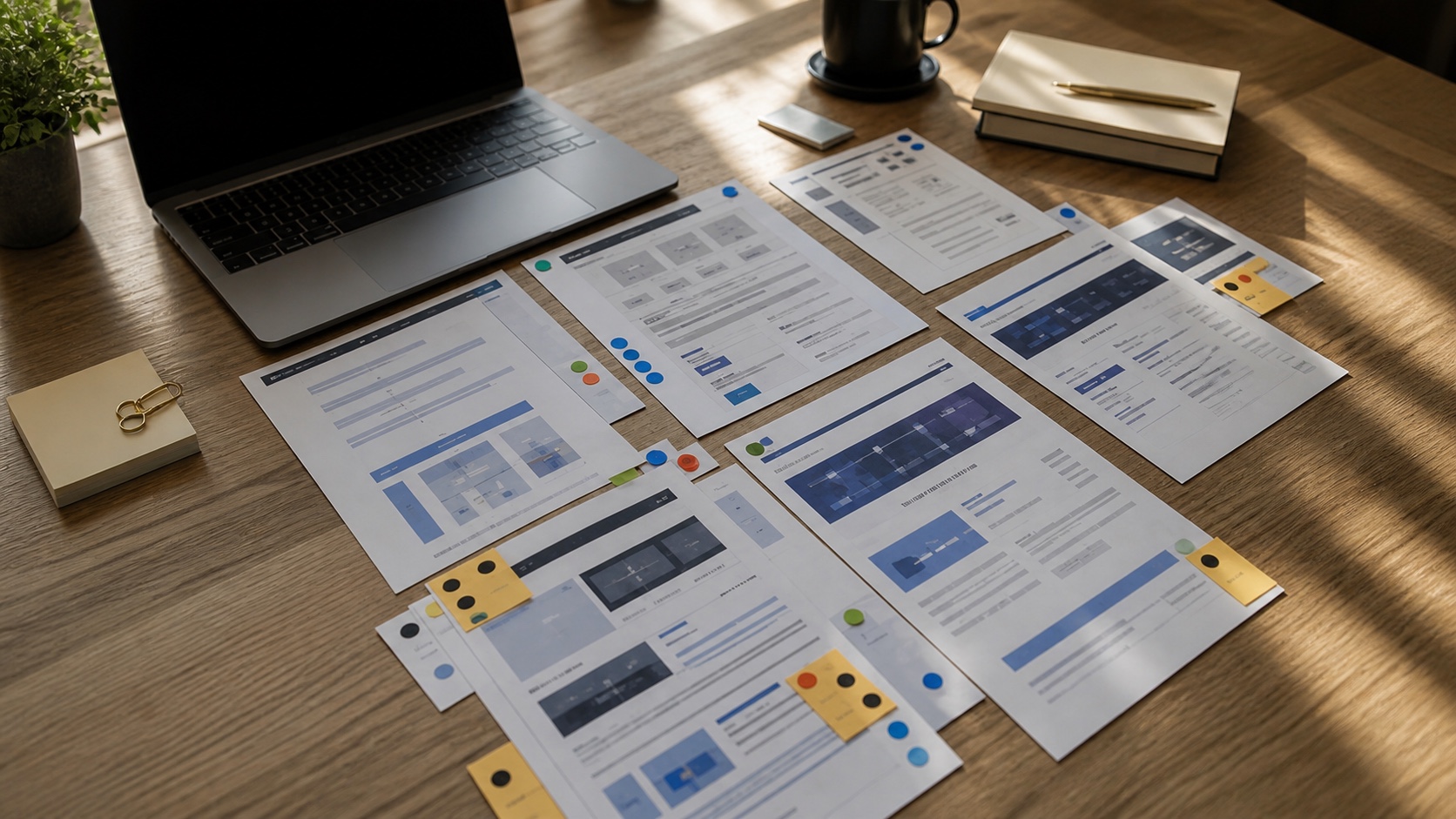 Printed service pages, proof, and source evidence laid out for an AI visibility review.
