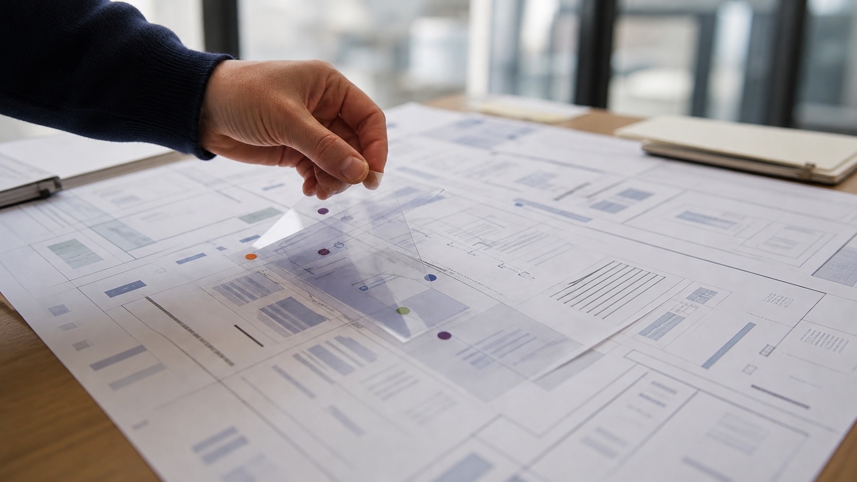 Hand comparing transparent website evidence overlays during an AI visibility audit.