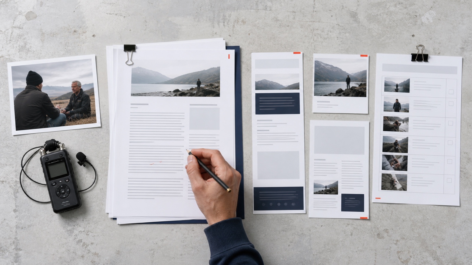 Content marketing system built from interview notes, source materials, editorial planning, and production tools.