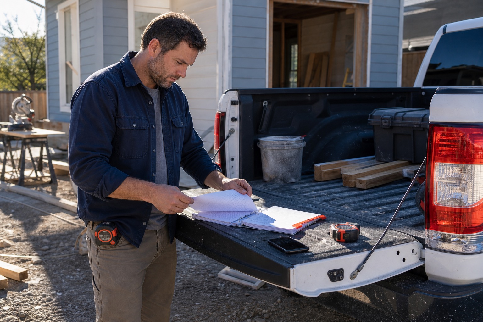 Contractor owner reviewing a marketing budget and upcoming job capacity at a renovation site.