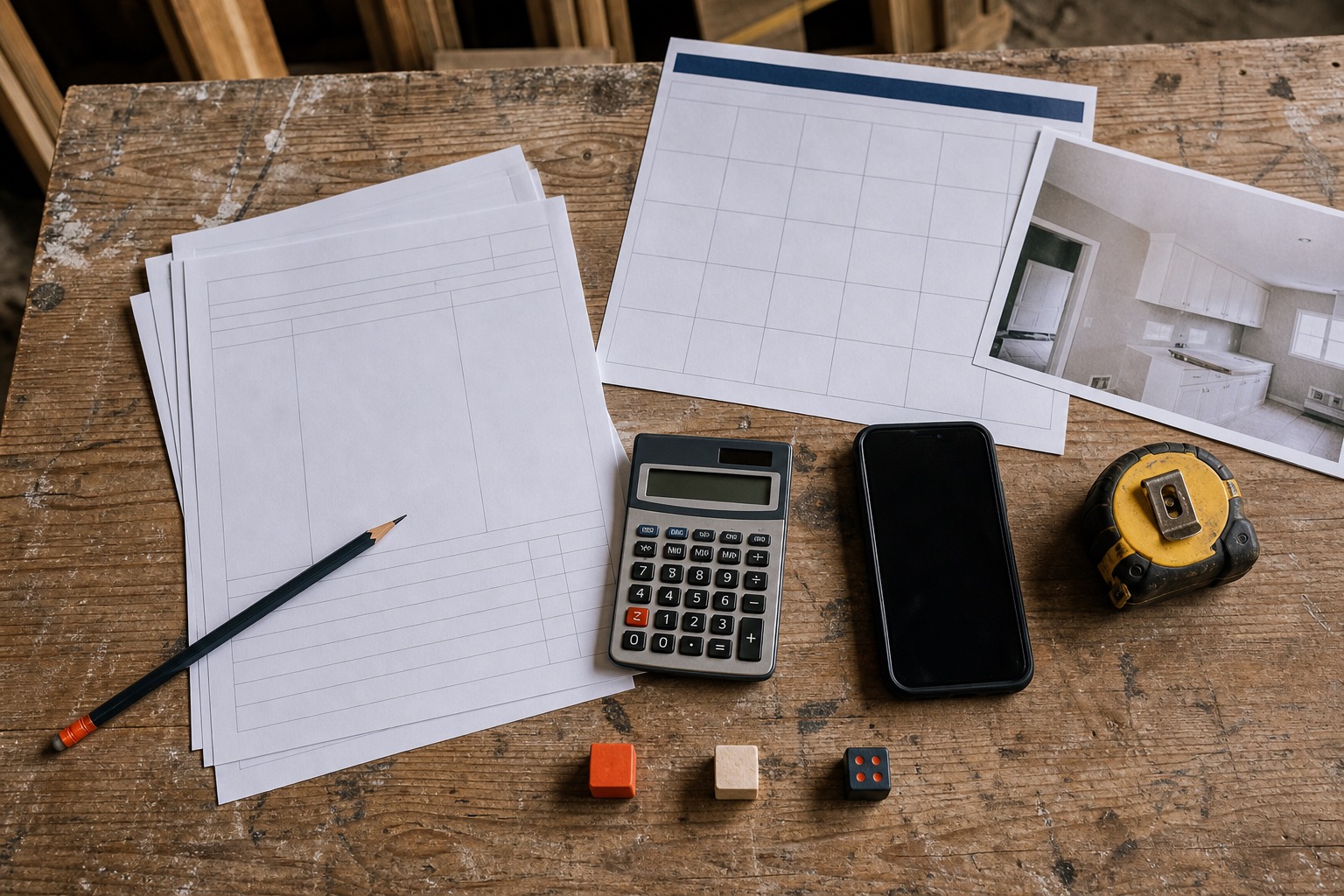 Jobsite workbench with estimates, calculator, calendar, and markers for contractor marketing budget planning.