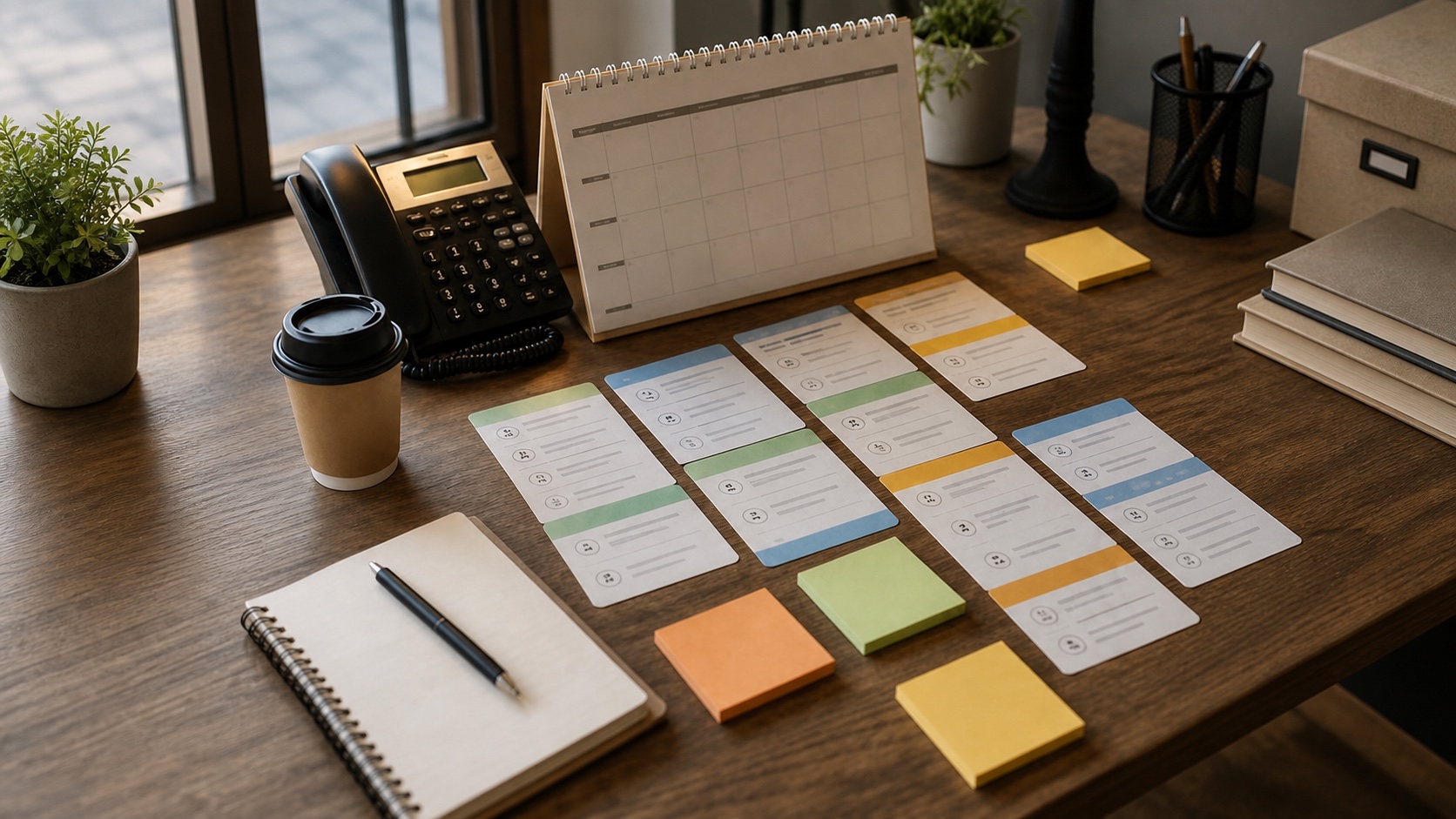 Small-business follow-up workflow arranged across a desk with a phone, calendar, and response cards.