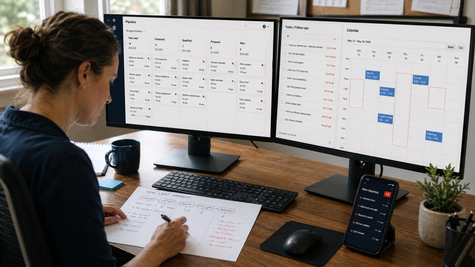 A marketer reviews customer records, scheduling and phone messages to identify follow-up gaps across existing tools.