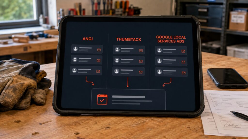 A tablet in a contractor workspace shows an illustrated comparison of Angi, Thumbtack and Google Local Services Ads.