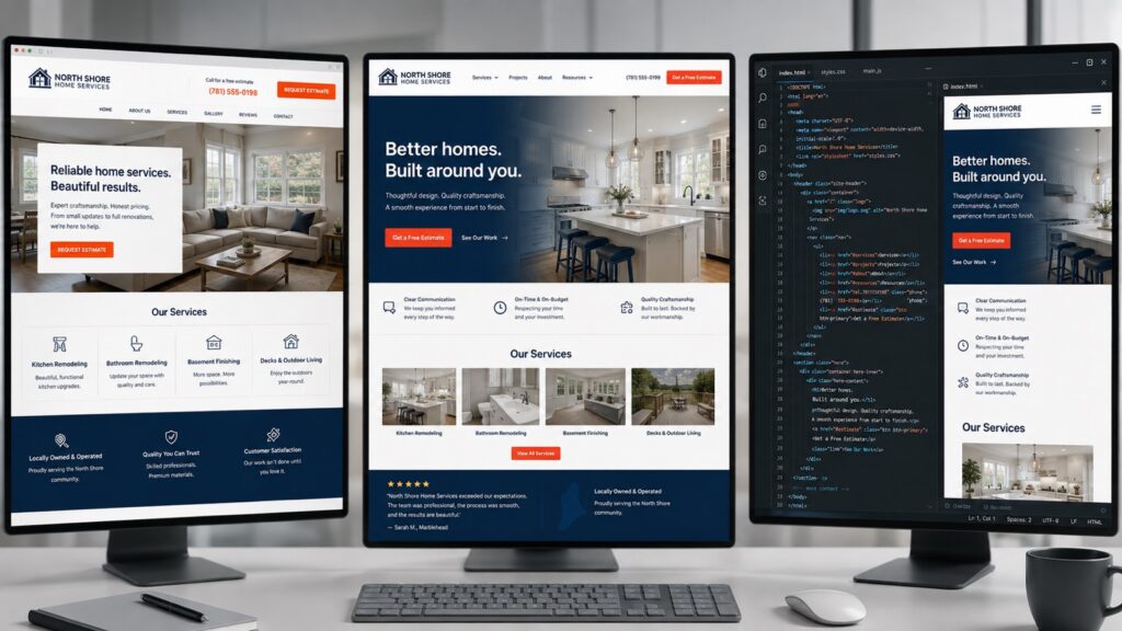 Three screens compare a website visual refresh, a structural redesign and a code-first rebuild.