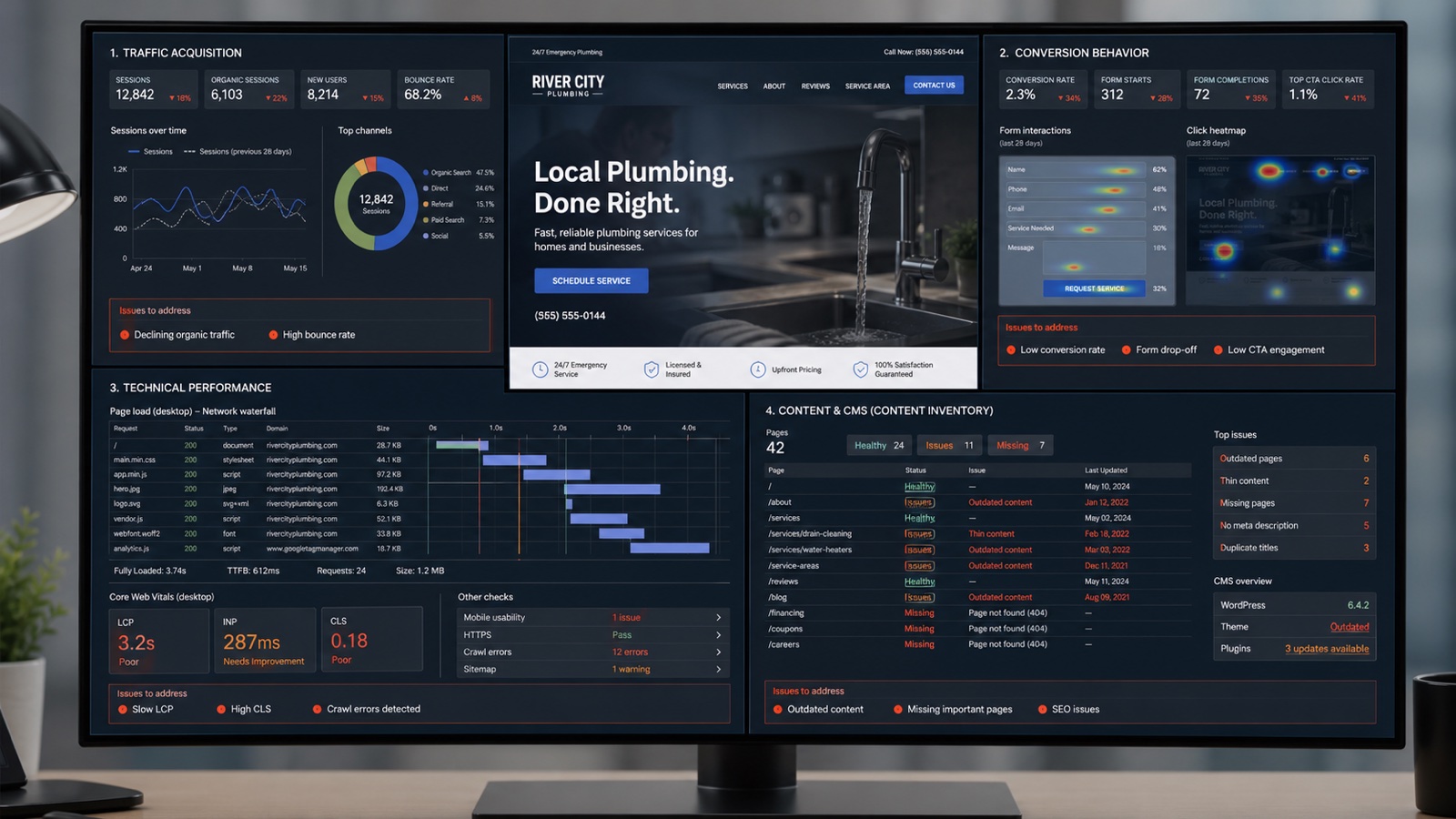 An illustrative website audit combines a site preview with analytics, performance and conversion diagnostics.