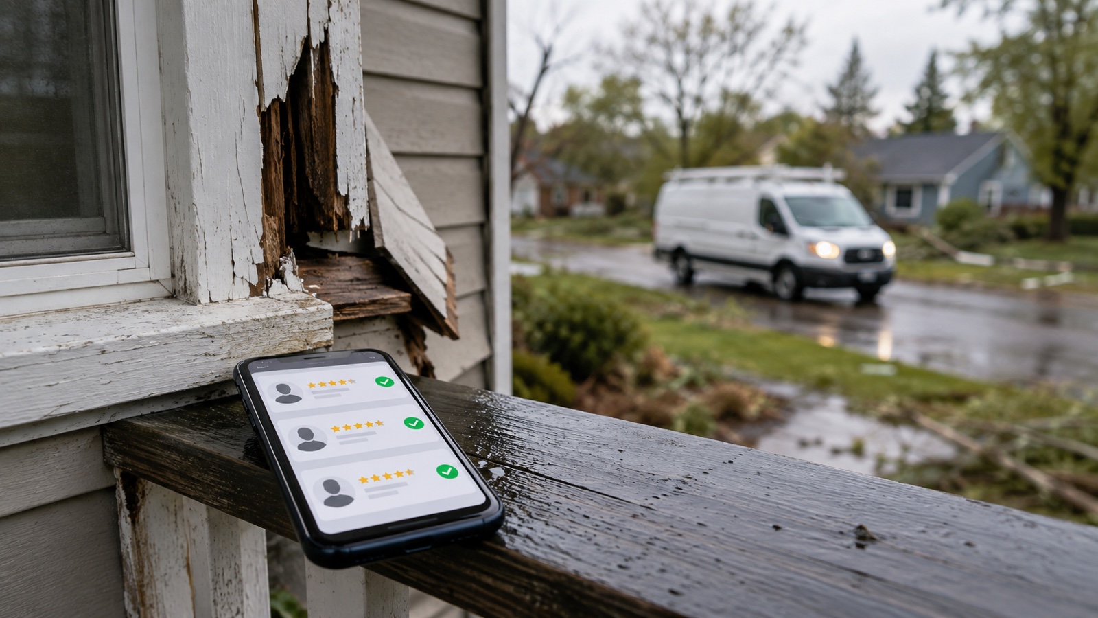A phone comparing local contractors beside visible damage that needs immediate repair.
