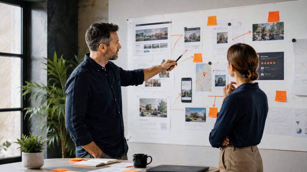 Marketing strategists mapping website, local search, AI visibility, customer proof, and measurement into one modern SEO strategy.