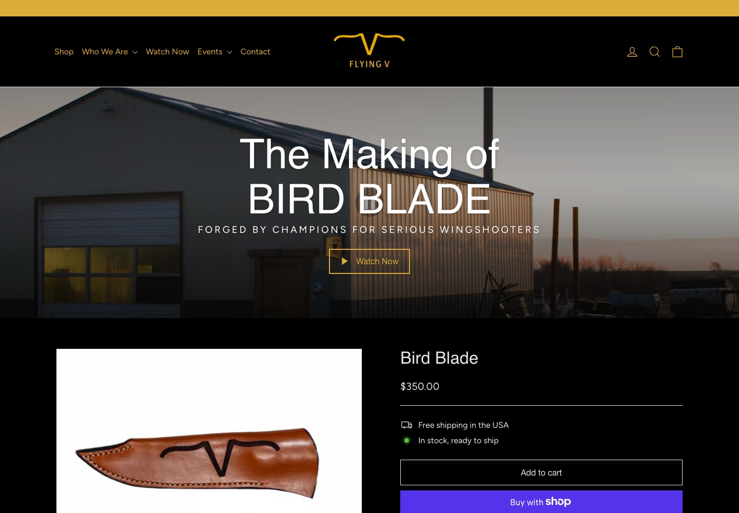 Flying V Bird Blade product page with product photography, purchase options and product information