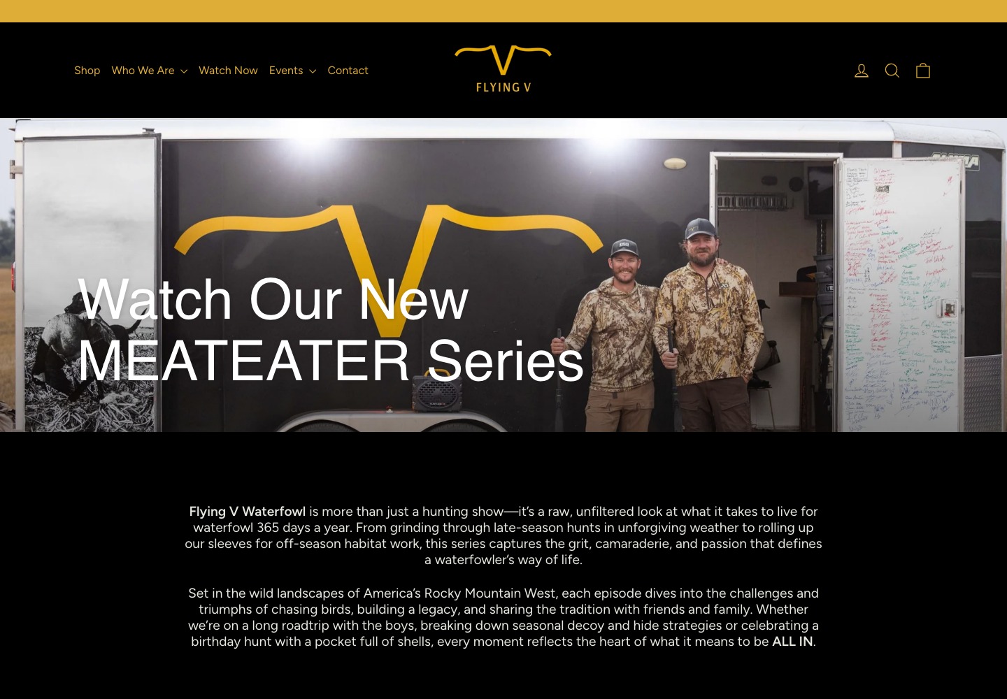 Flying V Watch Now page presenting the client’s outdoor films within its branded website