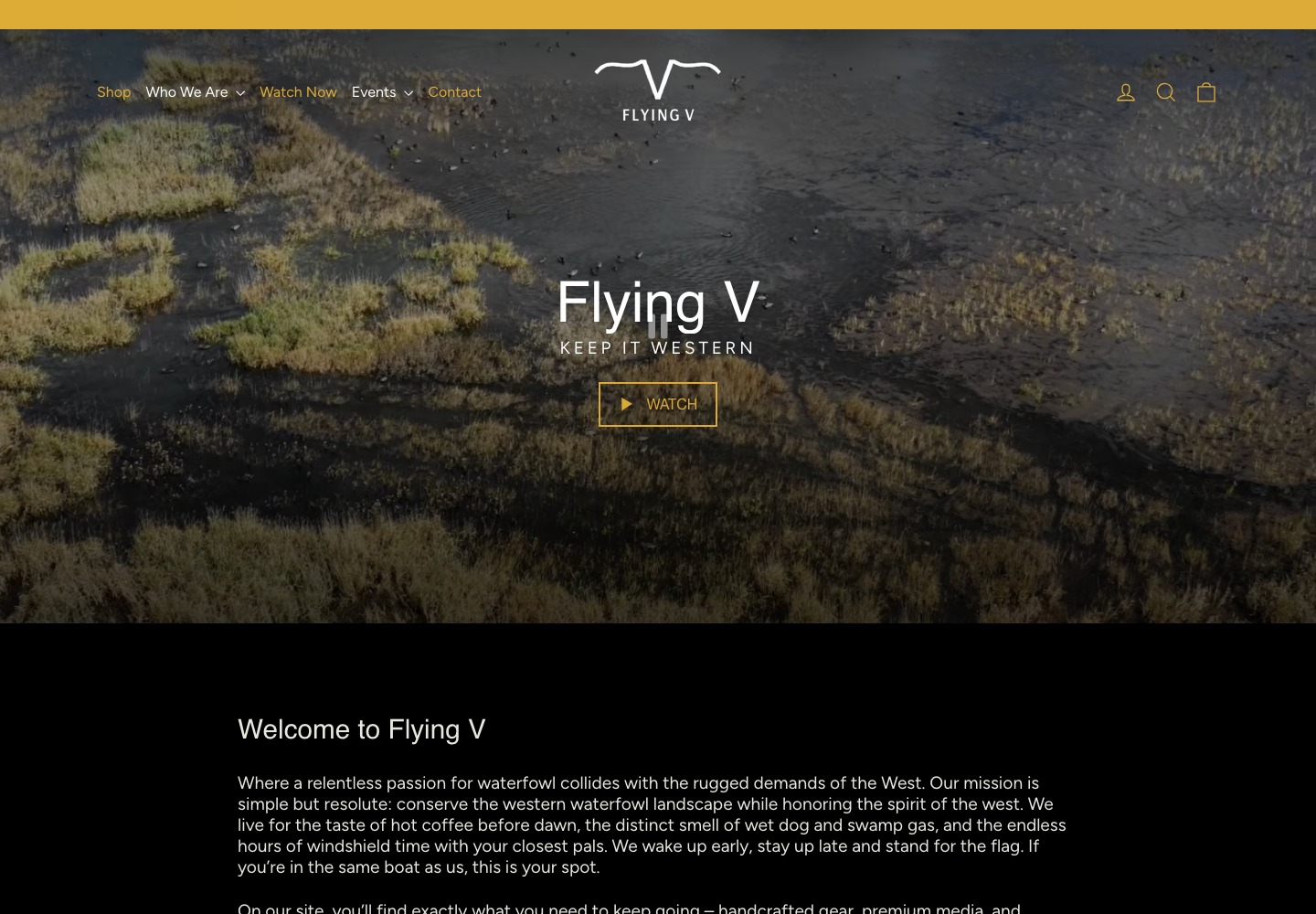 Flying V Shopify homepage with the client’s western landscape film, logo and Keep It Western message