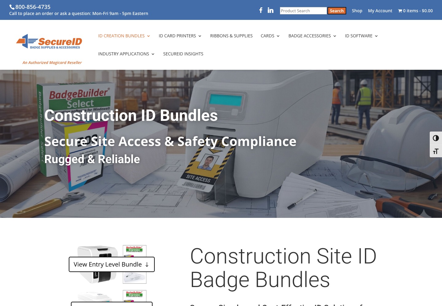 SecureID construction ID-badge bundles landing page, showing its product-led header and bundle navigation