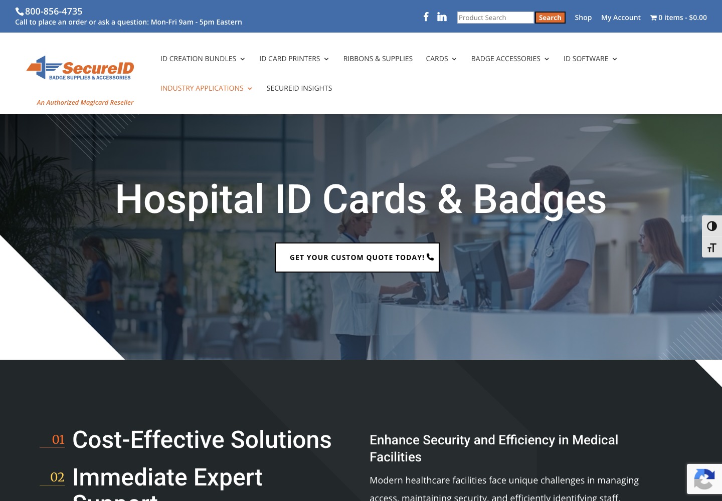 SecureID healthcare ID-badge solutions page with industry-specific copy and imagery
